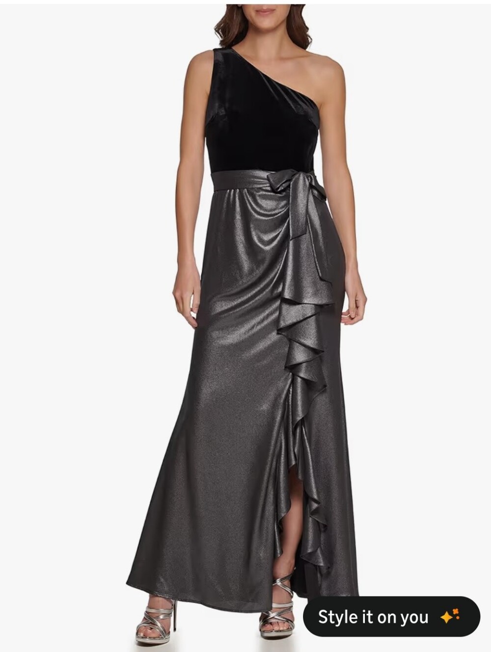 DKNY Velvet Foil Chiffon Ruffle Mix Media Dress Gown Maxi Length - Picture 4 of 15
